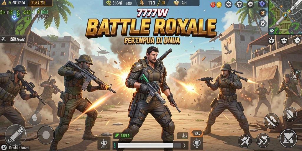 Screenshot utama 7777W menunjukkan aksi gameplay Battle Royale yang mendebarkan.