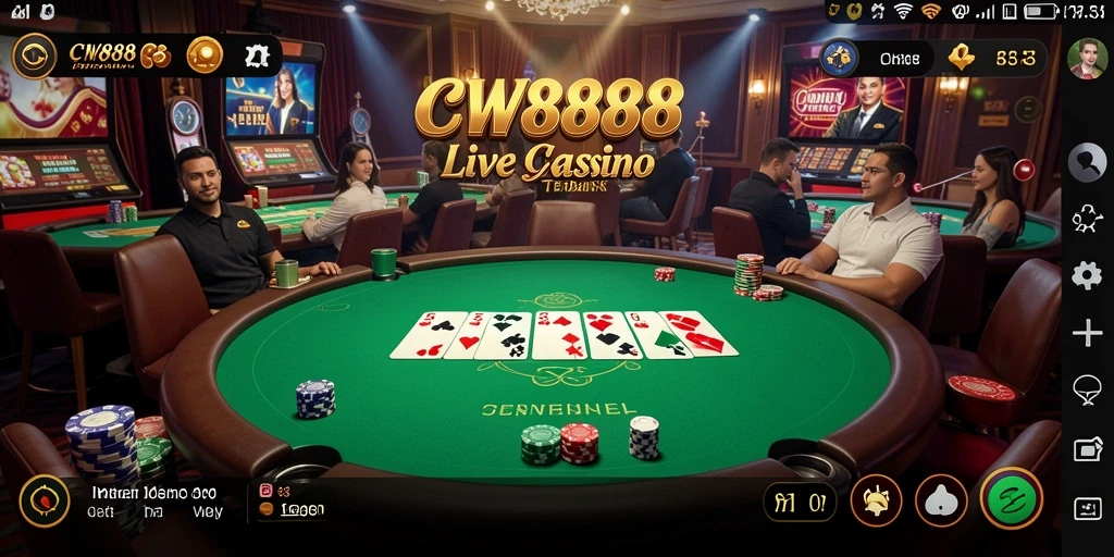 Screenshot gameplay Live Casino CW8888 dengan dealer dan pemain yang terlibat.