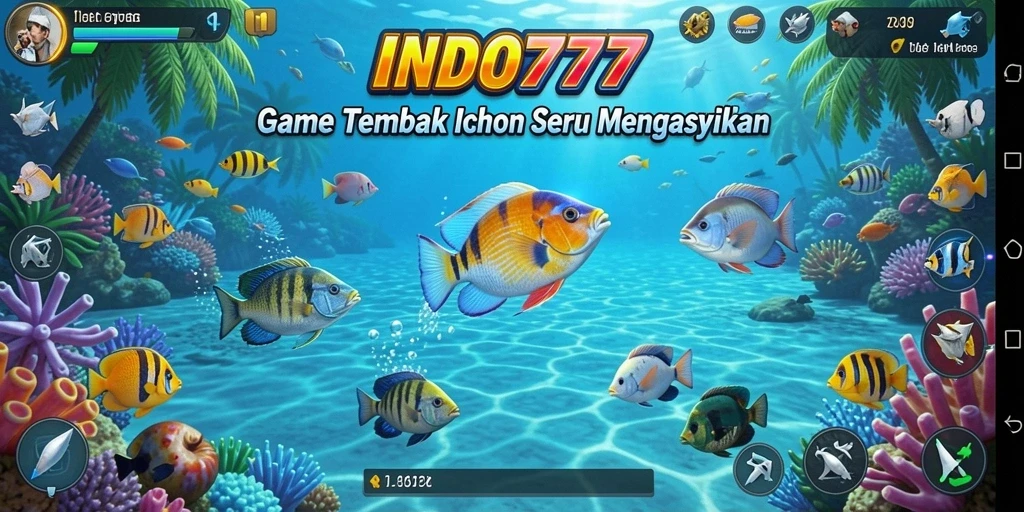 Tangkapan layar utama dari gameplay seru INDO777 menampilkan aksi tembak ikan.