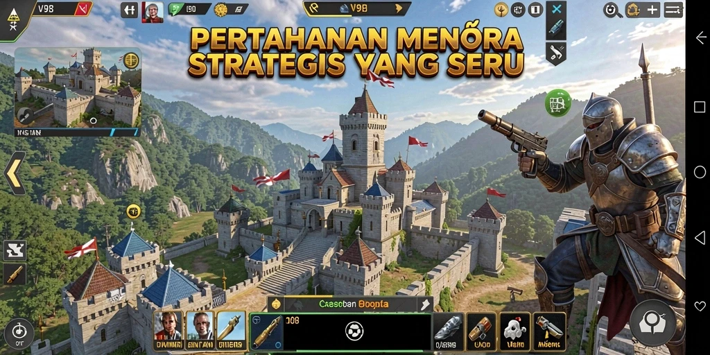 Tangkapan layar V98 menampilkan aksi seru dalam permainan Tower Defense.